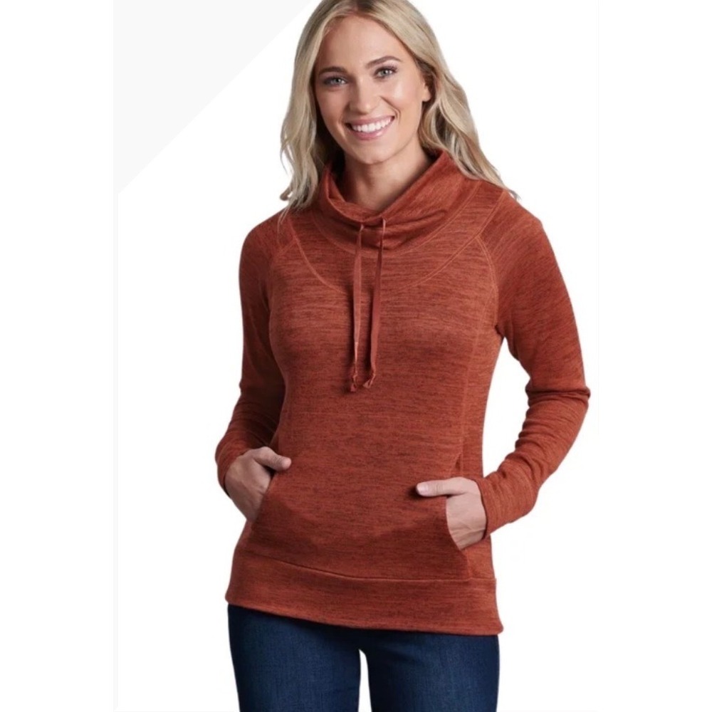 Kuhl Lea Pullover Cowl Neck Hoodie Burnt Orange Heather XL Womens Pocket